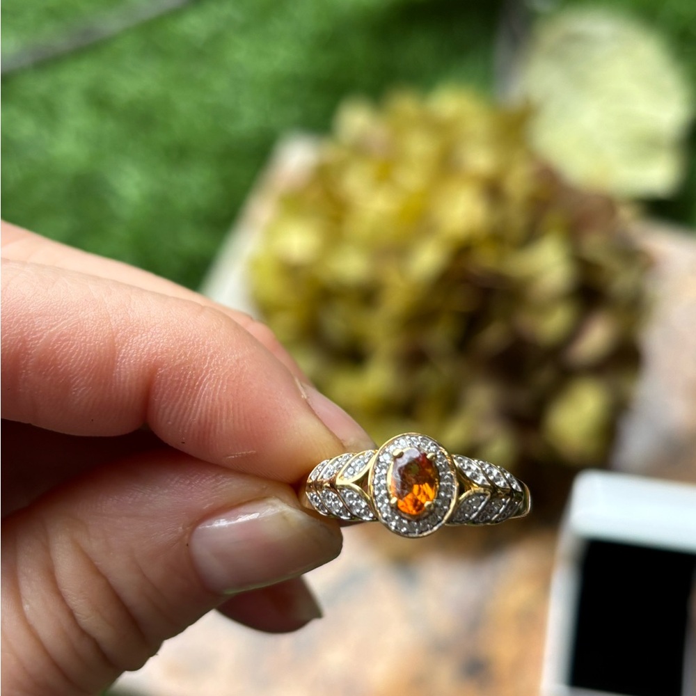 Ceylon Hessonite Garnet Ring • 18K Gold over Sterling• Natural Zircon• Size 9–10
